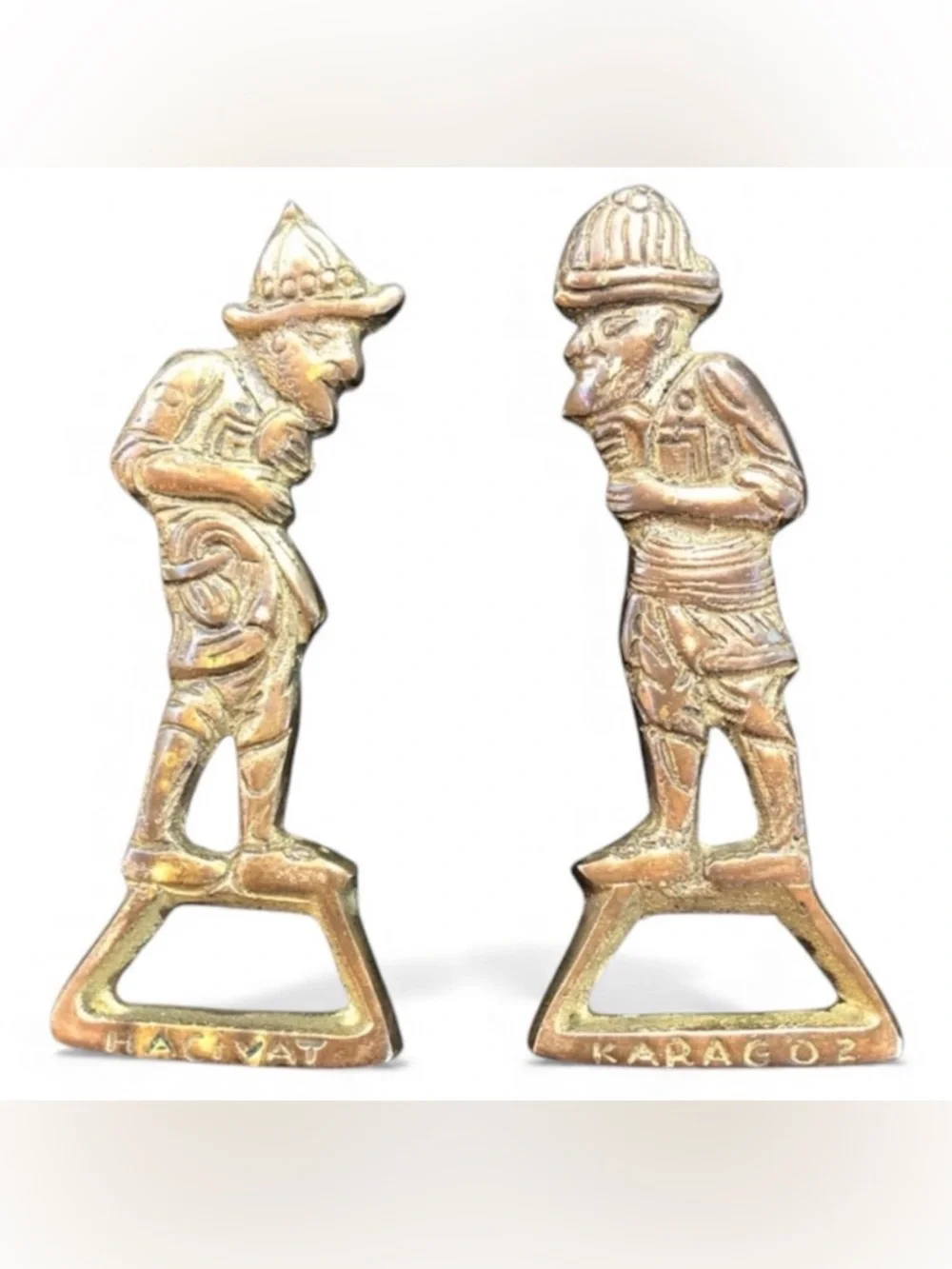 Two Vintage Karagoz & Hacivat Figures Brass Bottle Openers - Barware - Turkey
